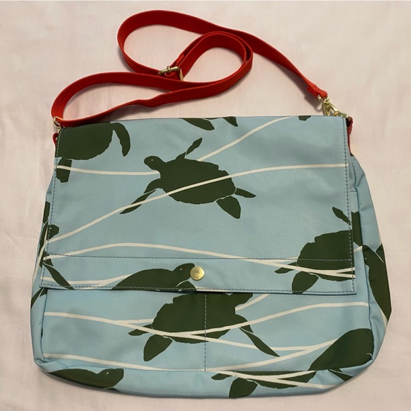 Fossil Handbags - New Fossil Turtle Print Blue and Green Women's Bag with Red Shoulder Strap